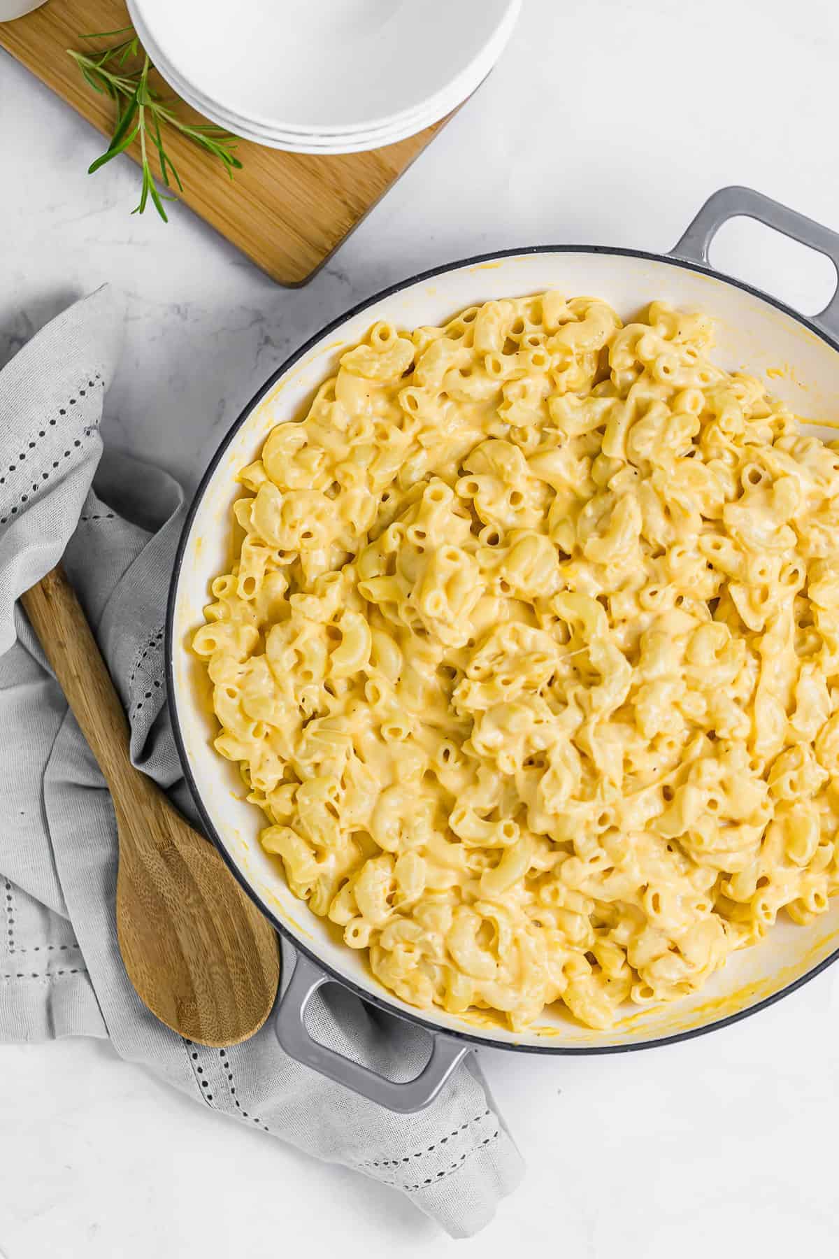 mac and cheese in a large pan, ready to be eaten.