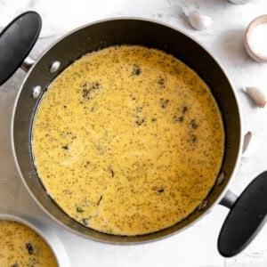 a pan with a bowl of broccoli cheese soup.