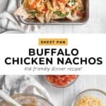 Buffalo chicken nachos on a baking sheet with ingredients.