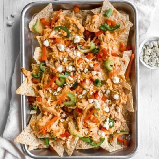 a sheet pan of buffalo chicken nachos