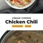 chicken chili in a bowl and an Instant Pot.