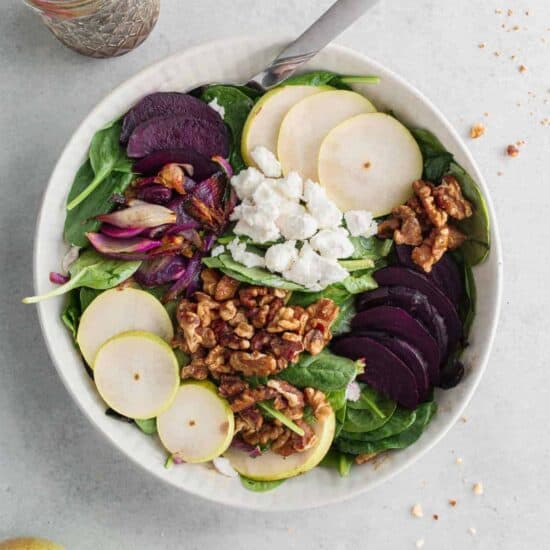 Beet goat cheese salads in a bowl.