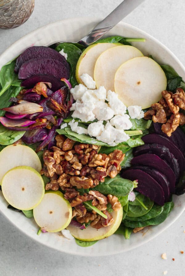 Beet goat cheese salads in a bowl.