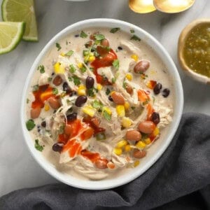 Cream cheese chicken chili in a bowl.