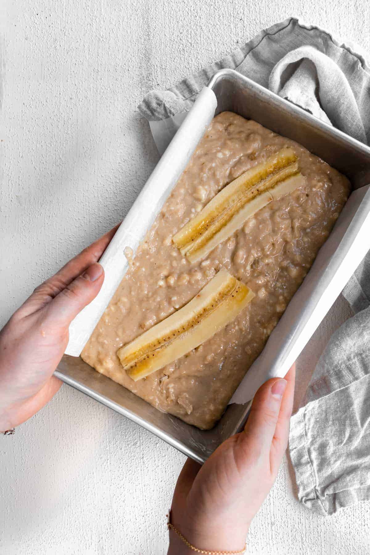 cream cheese banana bread batter in bread pan.