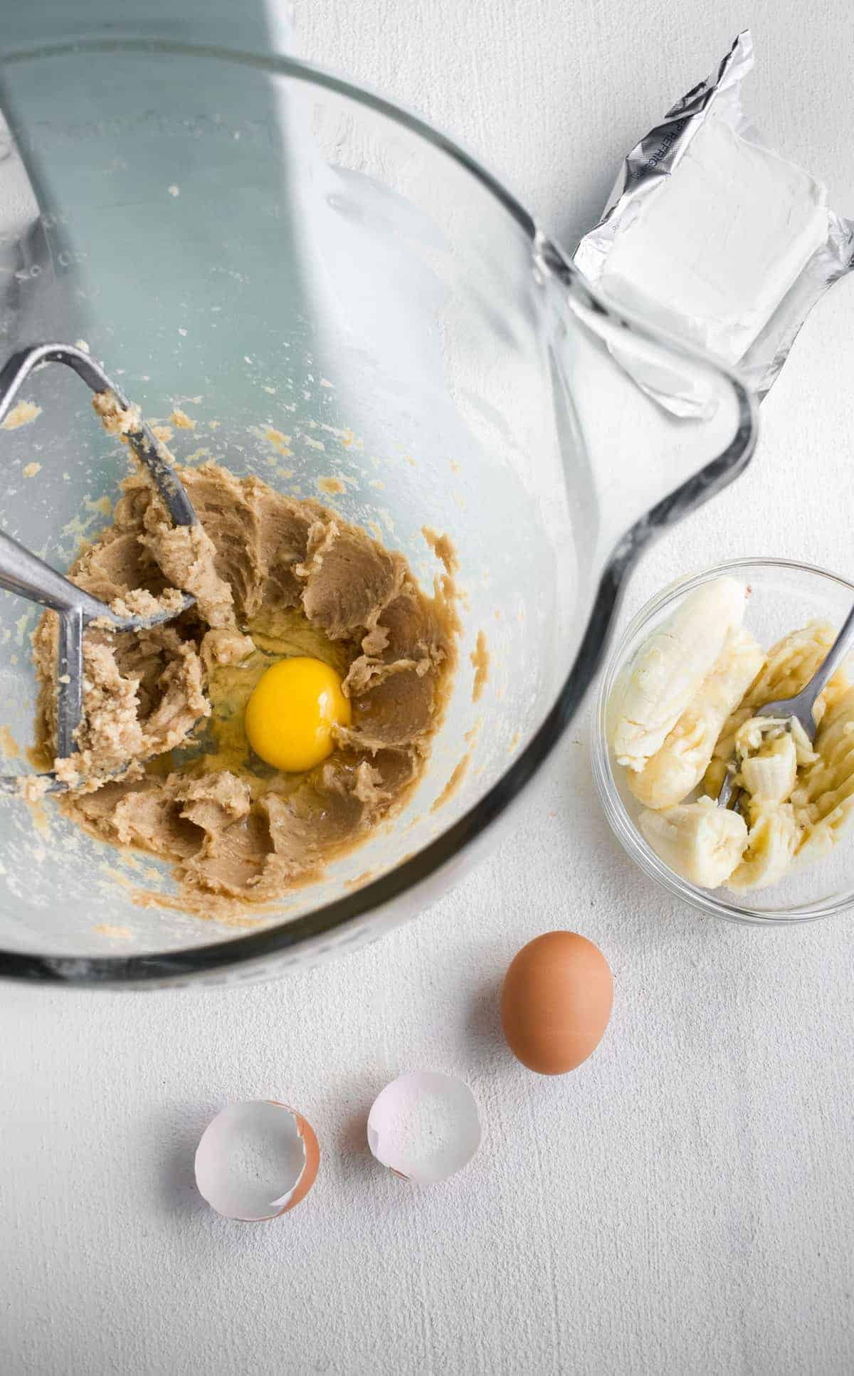 cream cheese banana bread batter in bowl.