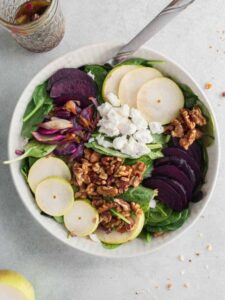 close up image of beet goat cheese salad