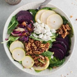 close up image of beet goat cheese salad