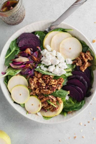 close up image of beet goat cheese salad