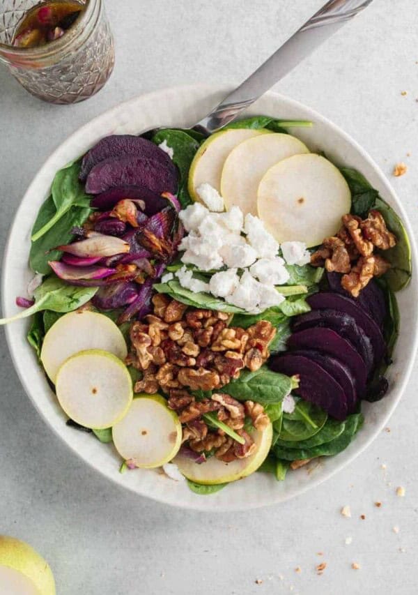 close up image of beet goat cheese salad