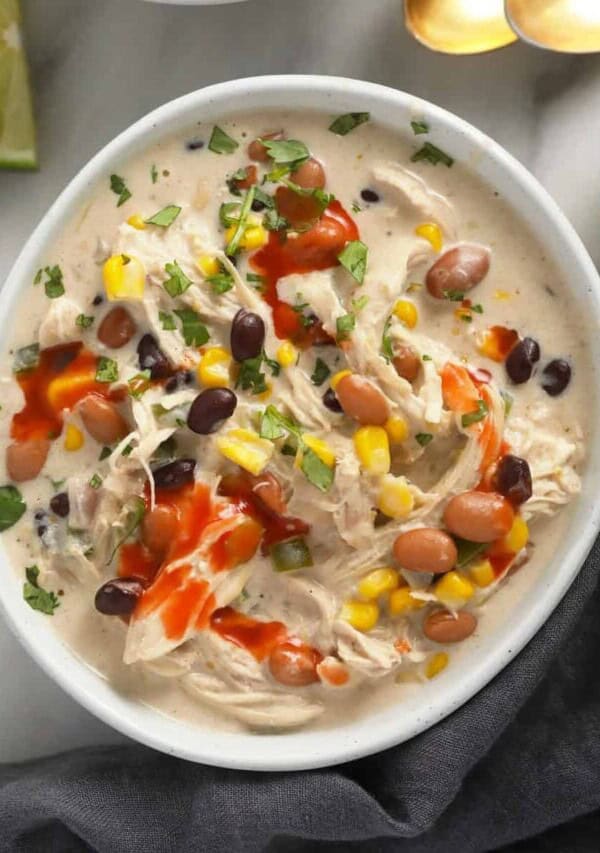 Cream cheese chicken chili in a bowl.