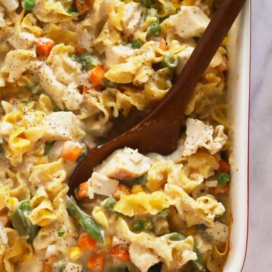 a creamy casserole with chicken and vegetables.