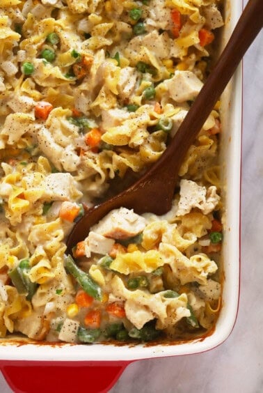 a creamy casserole with chicken and vegetables.