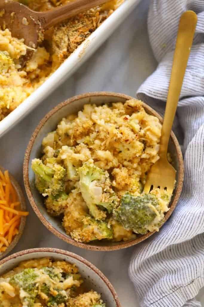 broccoli and cheese casserole in bowl