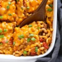 casserole cut into squares in dish