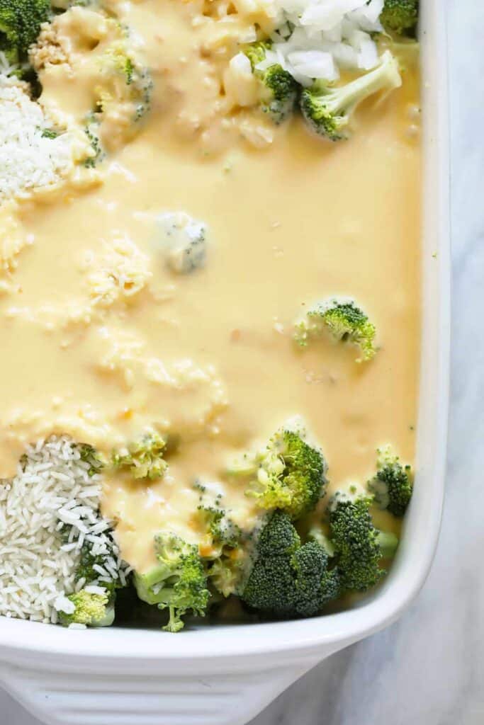 broccoli and cheese ingredients in casserole dish