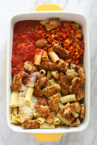 All the ingredients in a casserole dish.