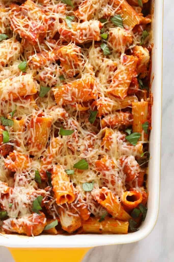 Chicken parmesan casserole baked and in a casserole dish