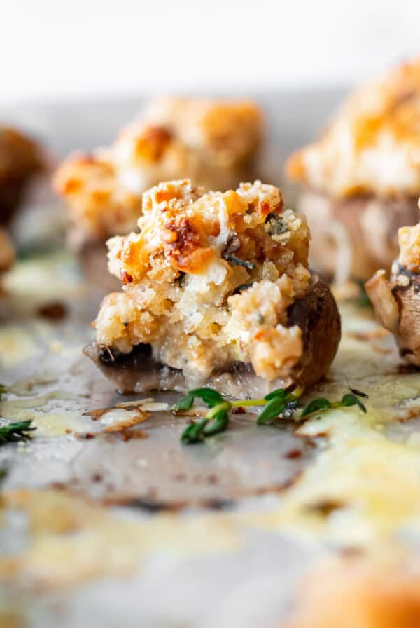 Cheesy cream cheese stuffed mushrooms baked on a sheet.