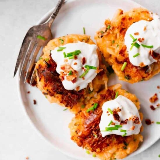 a plate of 3 cheesy potato pancakes