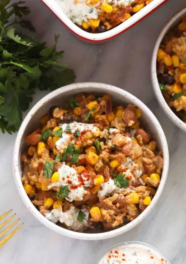 a bowl of mexican street corn casserole