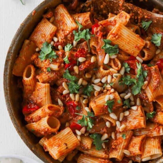 a skillet of sun dried tomato pasta