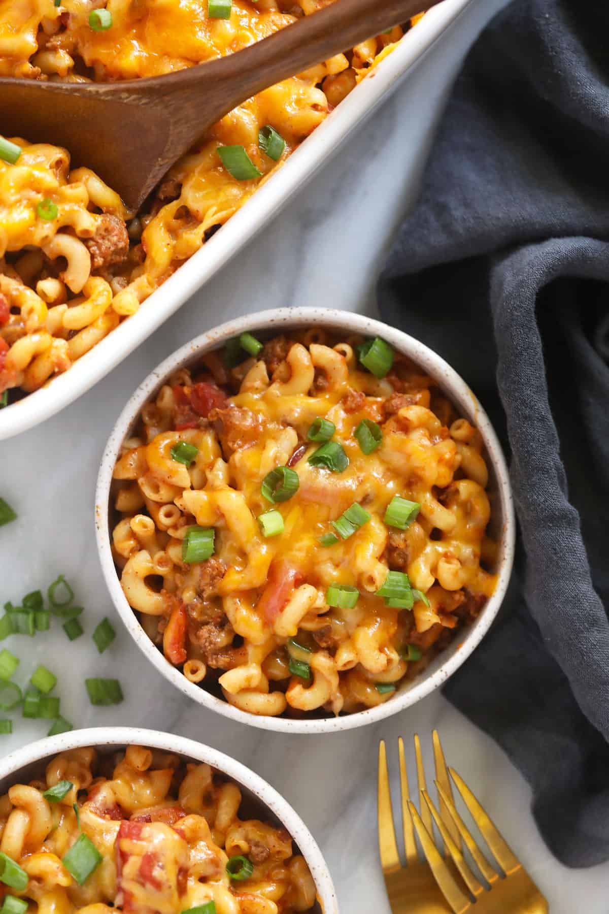 Hamburger casserole in bowl.