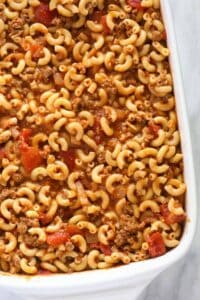 Macaroni and cheese casserole with a touch of cheeseburger.