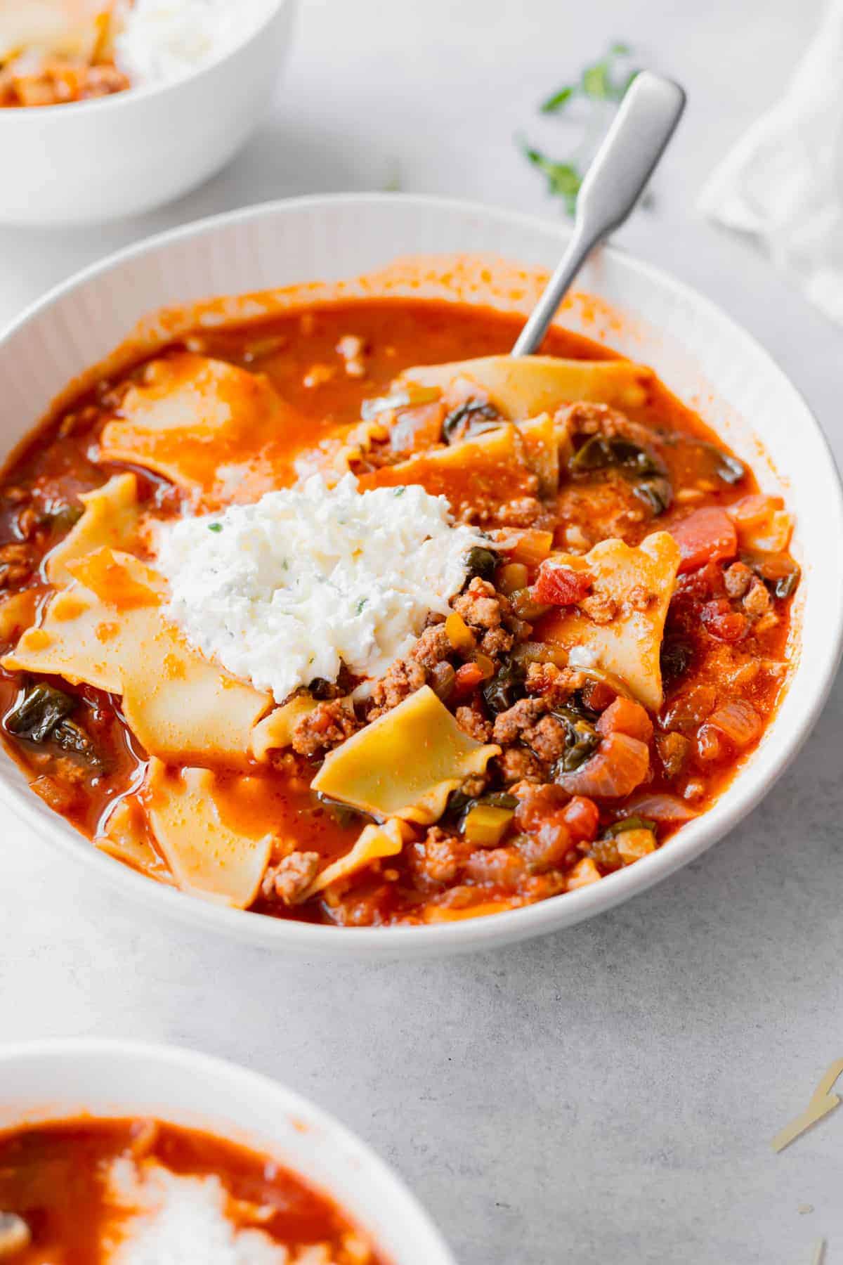 Lasagna soup in a bowl. 