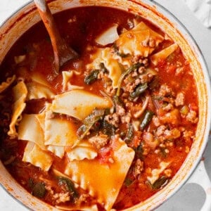 Lasagna soup in a dutch oven.