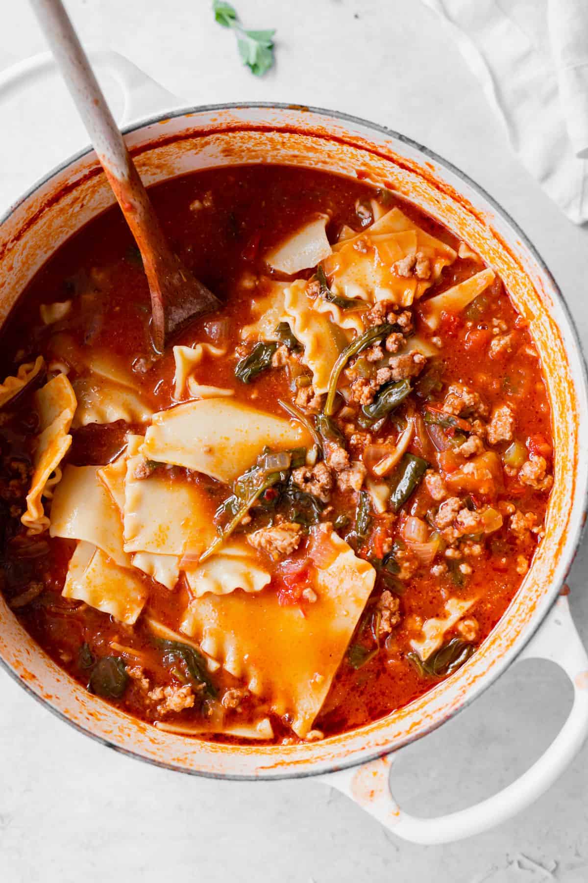 Lasagna soup in a dutch oven. 