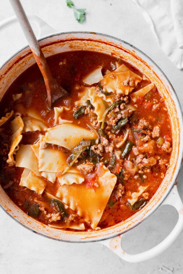 Lasagna Soup: pasta, meat, vegetables.