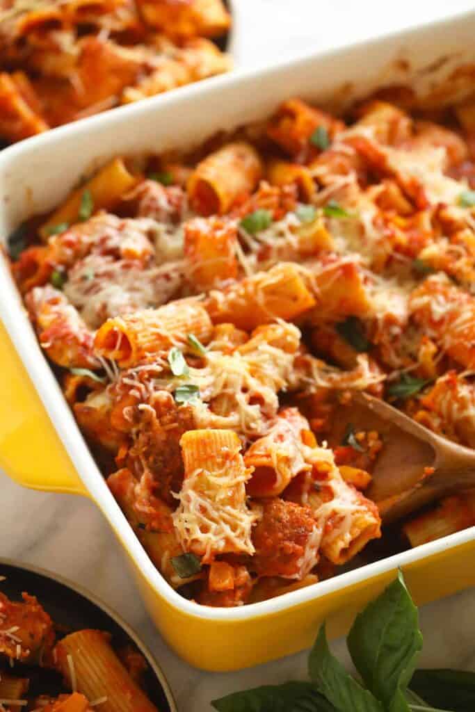 Chicken parmesan casserole in a casserole dish. 