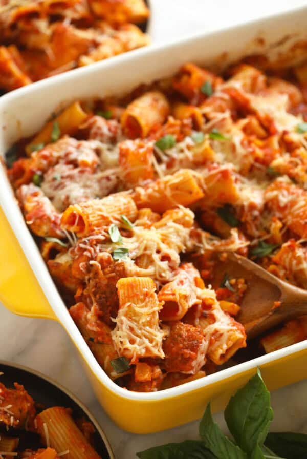 Chicken parmesan casserole in a casserole dish.