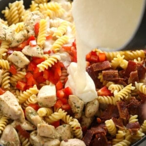 Chicken pasta dish with cheese.