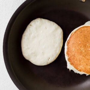 pancakes in frying pan.