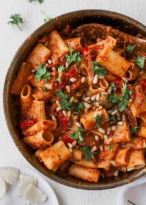 Sun-dried tomato pasta with parmesan cheese.