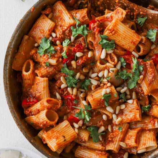 Sun-dried tomato pasta with parmesan cheese.