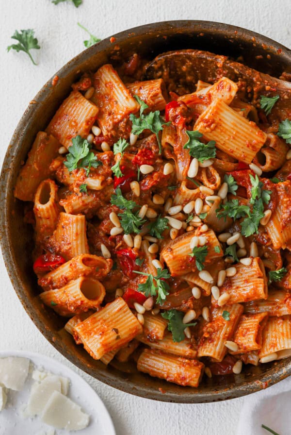 Sun-dried tomato pasta with parmesan cheese.