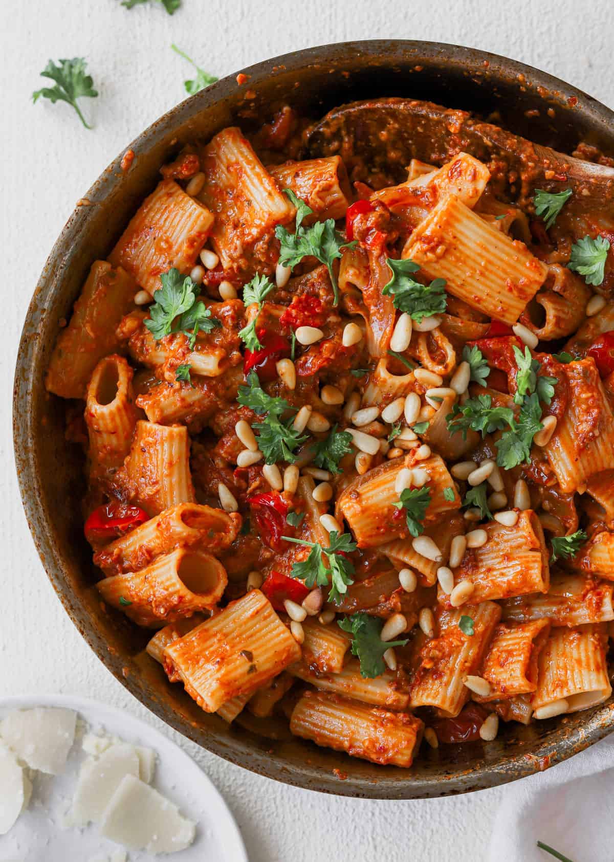 sun dried tomato pasta with fresh parsley and pine nuts