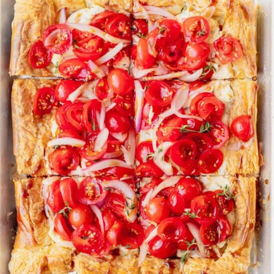 tomato tart on a puff pastry crust.