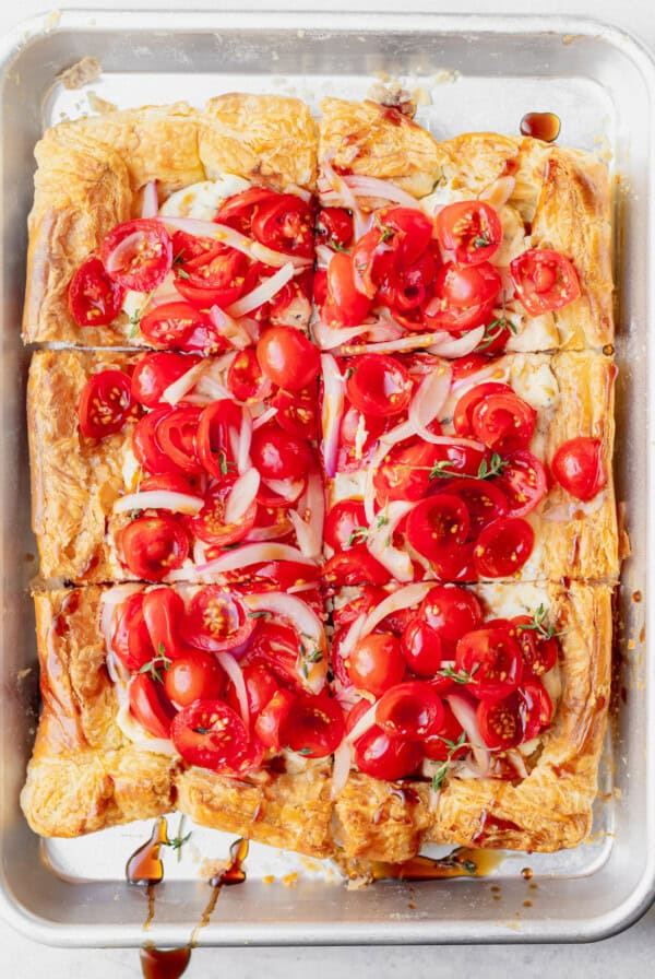 tomato tart on a puff pastry crust.