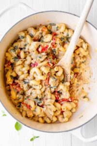 Finished tuscan chicken mac and cheese in a pot.