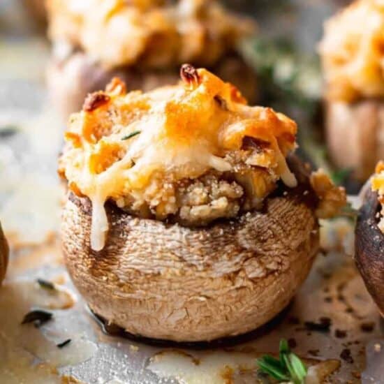 close up of cream cheese stuffed mushroom