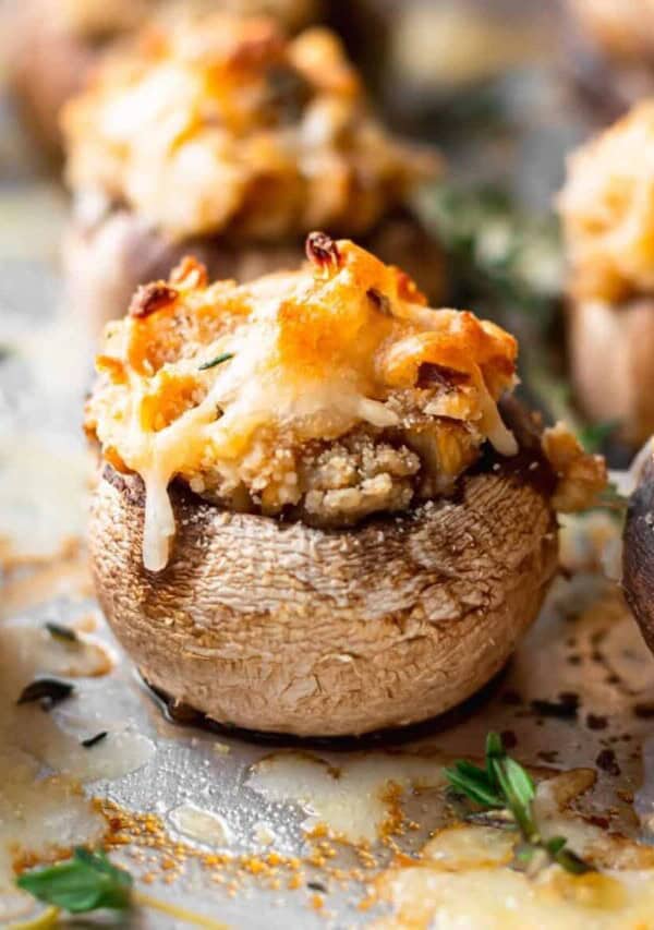 close up of cream cheese stuffed mushroom