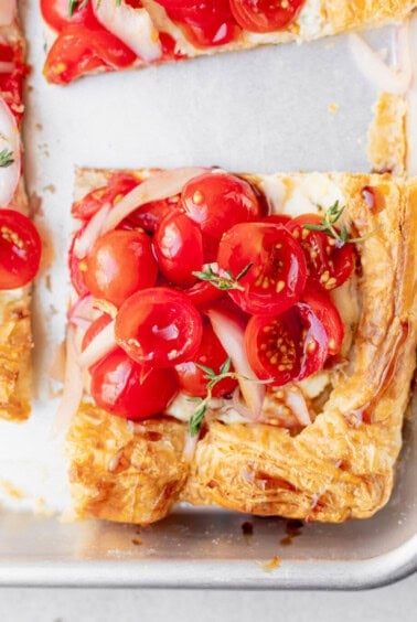 tomato tart on a puff pastry crust.