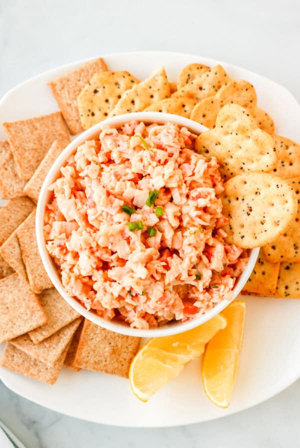 Chilled crab dip served with crackers on a white plate.