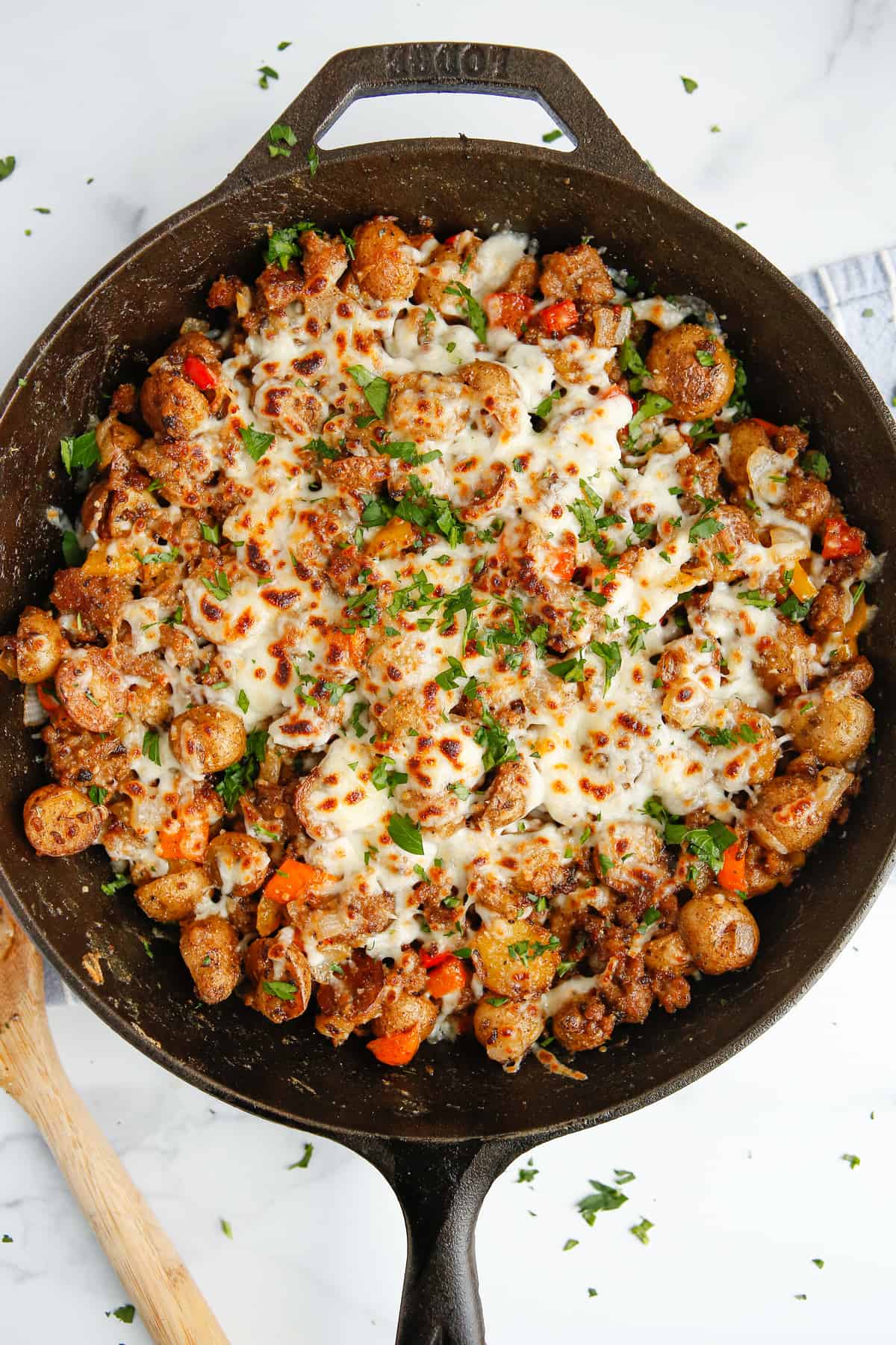 Skillet Breakfast Potatoes in a cast iron pan. 