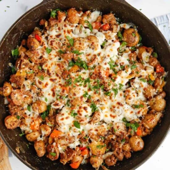 a cast iron skillet of skillet breakfast potatoes