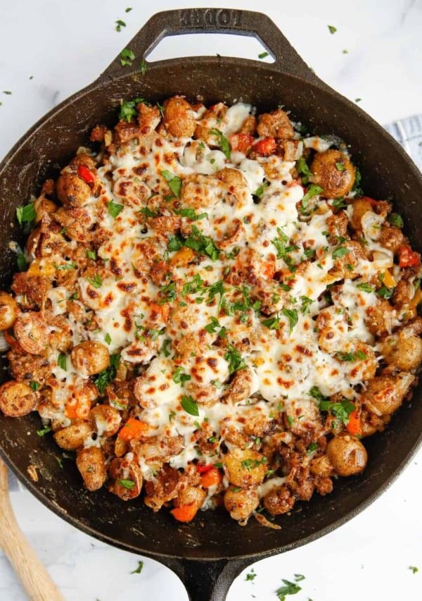 a cast iron skillet of skillet breakfast potatoes